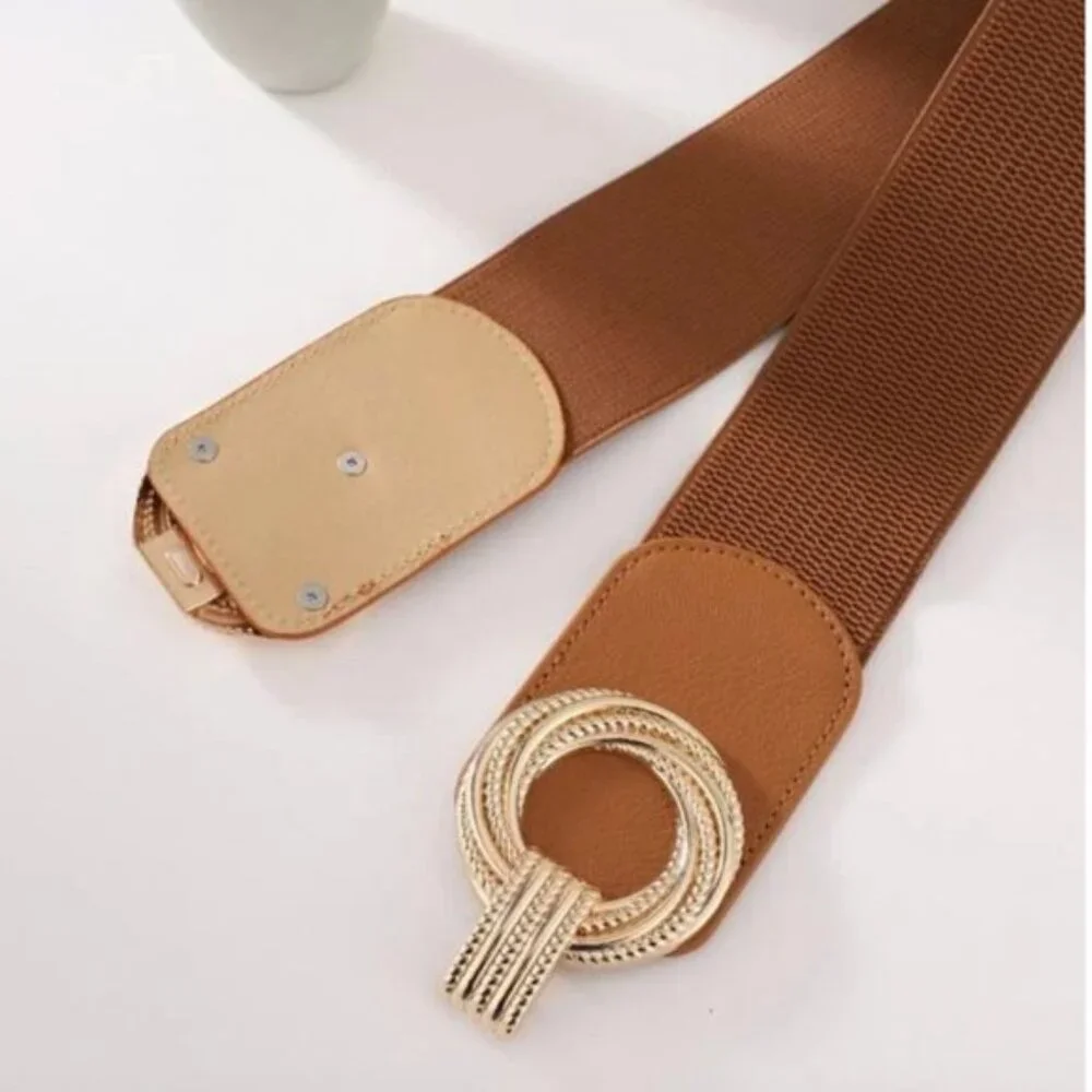 Brown Round Buckle Wide Elastic Belt
